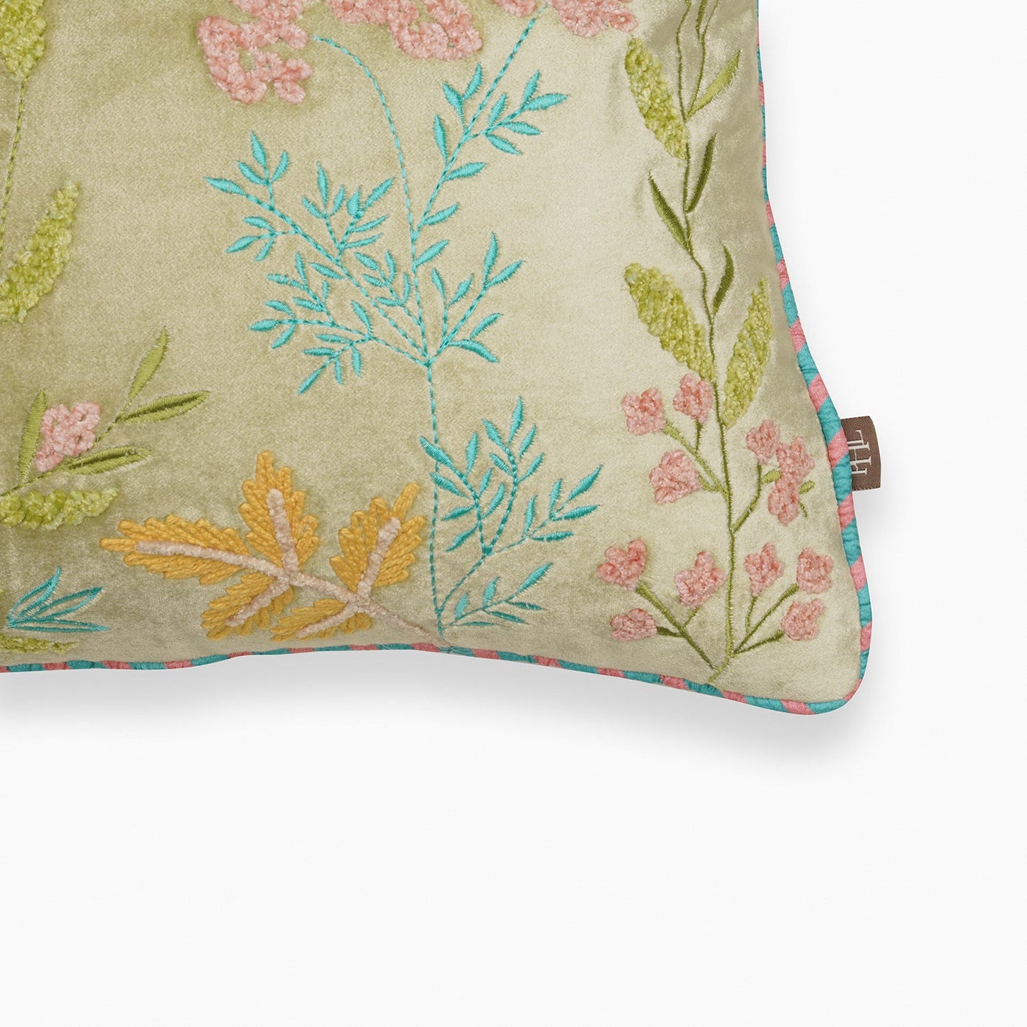 Green Multi Coloured Embroidered Rectangle Velvet Cushion