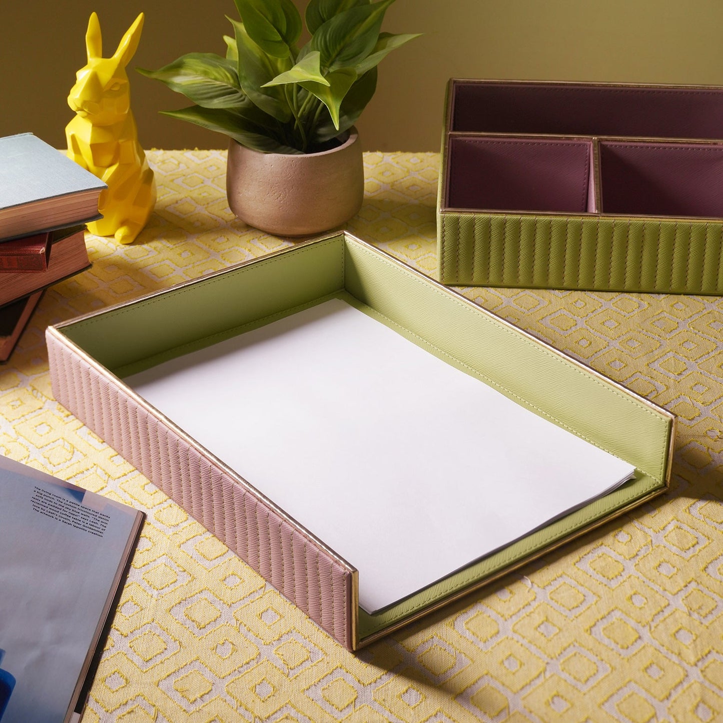 Purple & Green Stitched Faux Leather Paper Tray