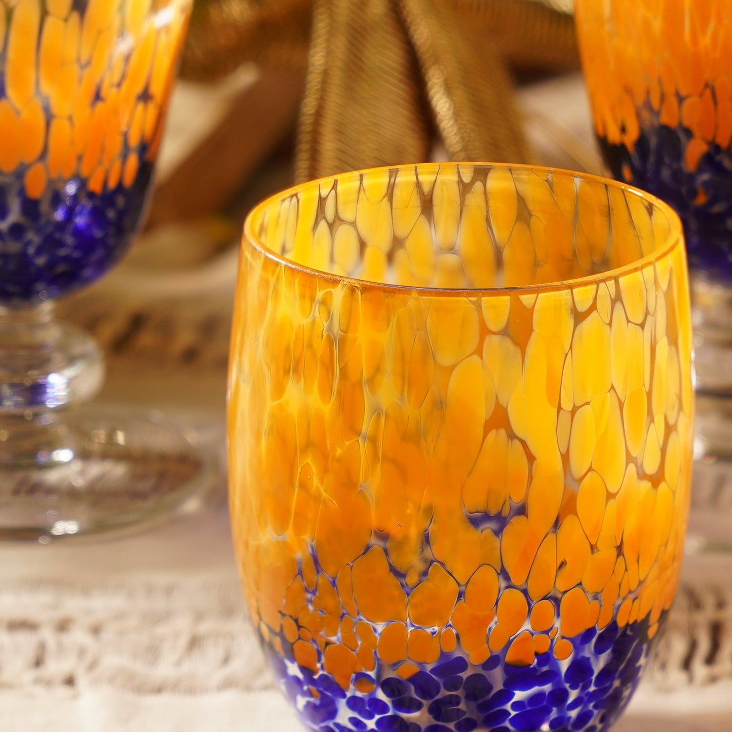 Set of 2 Orange & Blue Speckled Drinking Glasses