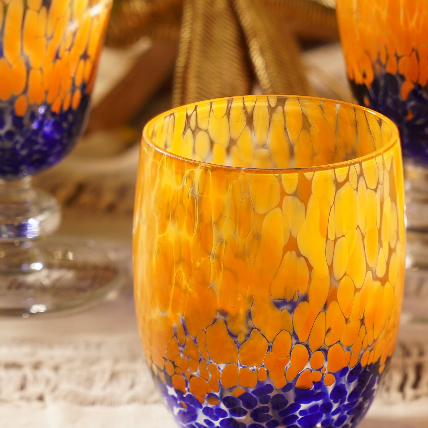 Set of 2 Orange & Blue Speckled Drinking Glasses
