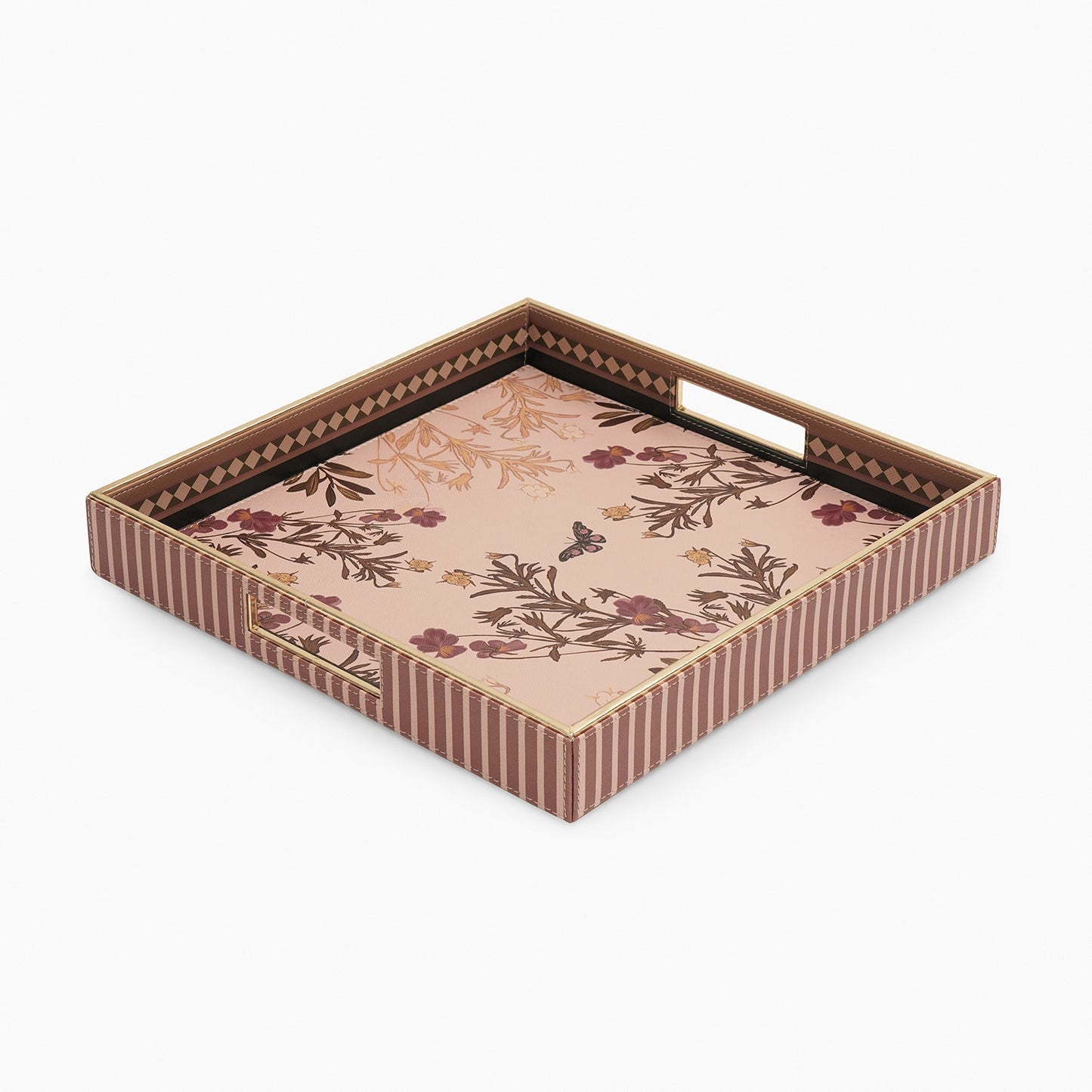 Pink Printed Round Faux Leather Serving Tray