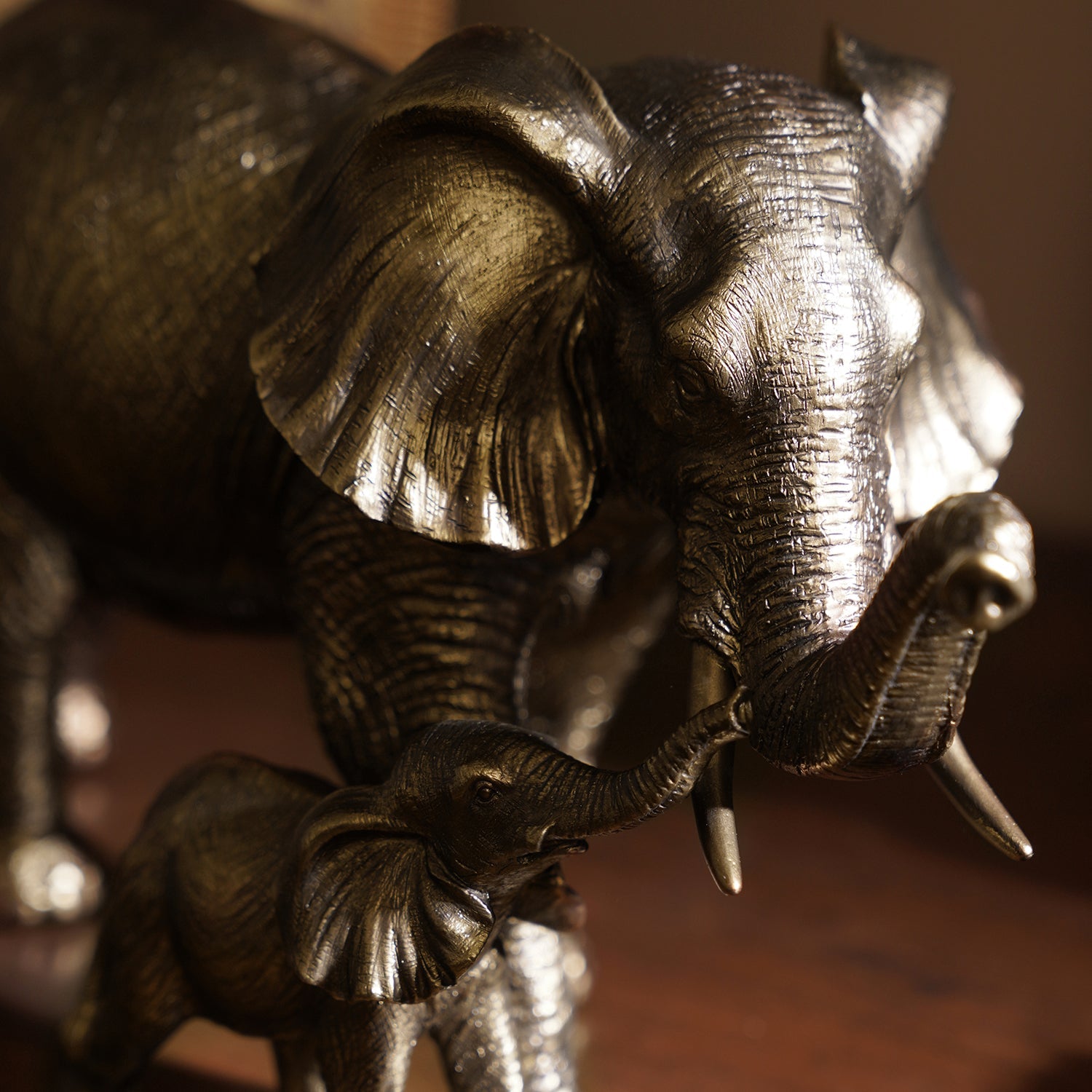 Brown Polyresin Standing Mother & Baby Elephant