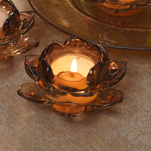 Set of 3 Amber Lotus Shaped Tea Light Holders