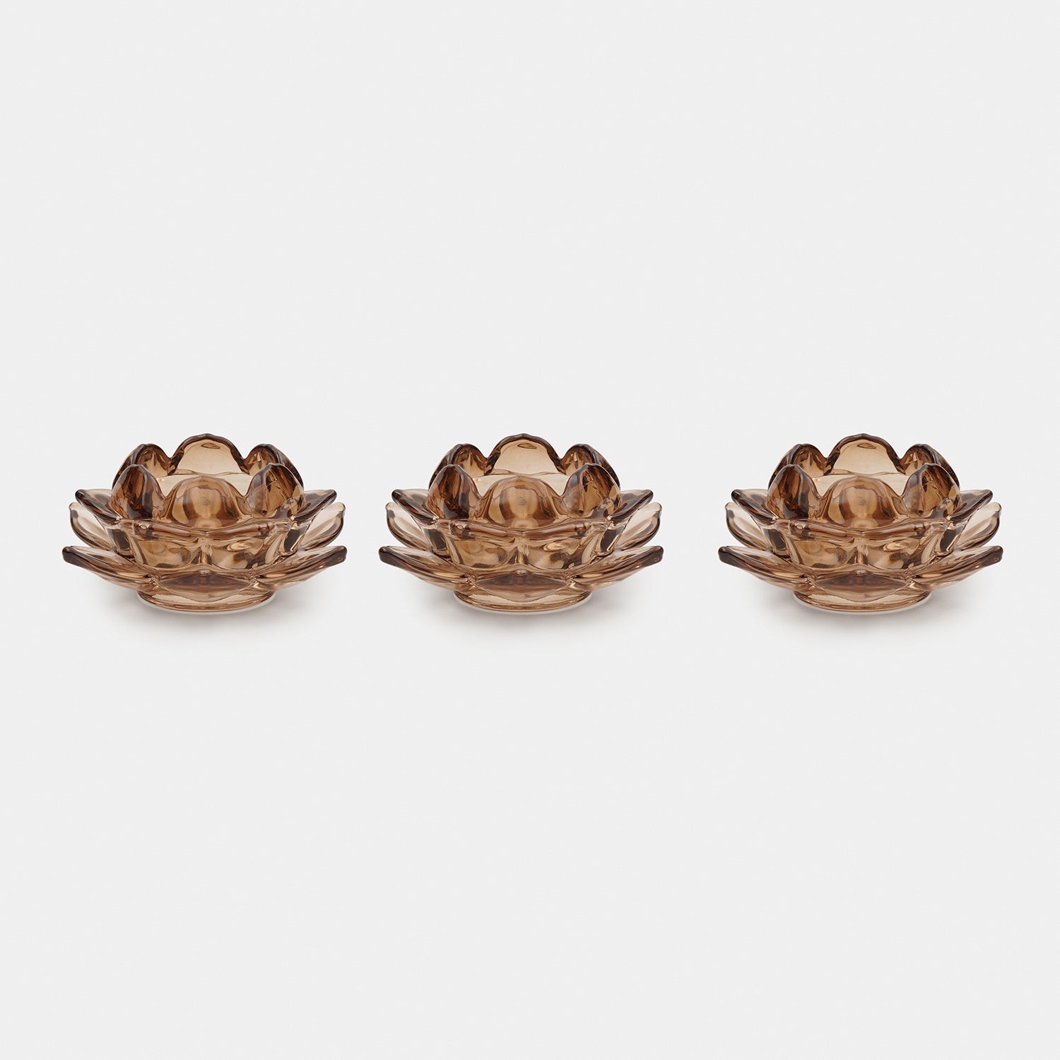Set of 3 Amber Lotus Shaped Tea Light Holders