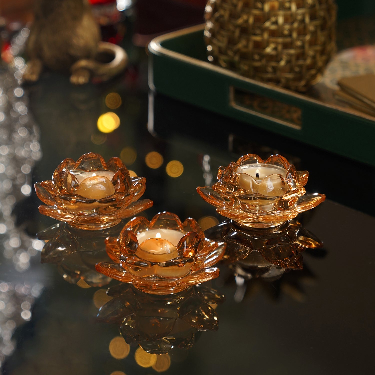 Set of 3 Orange Lotus Shaped Tea Light Holders