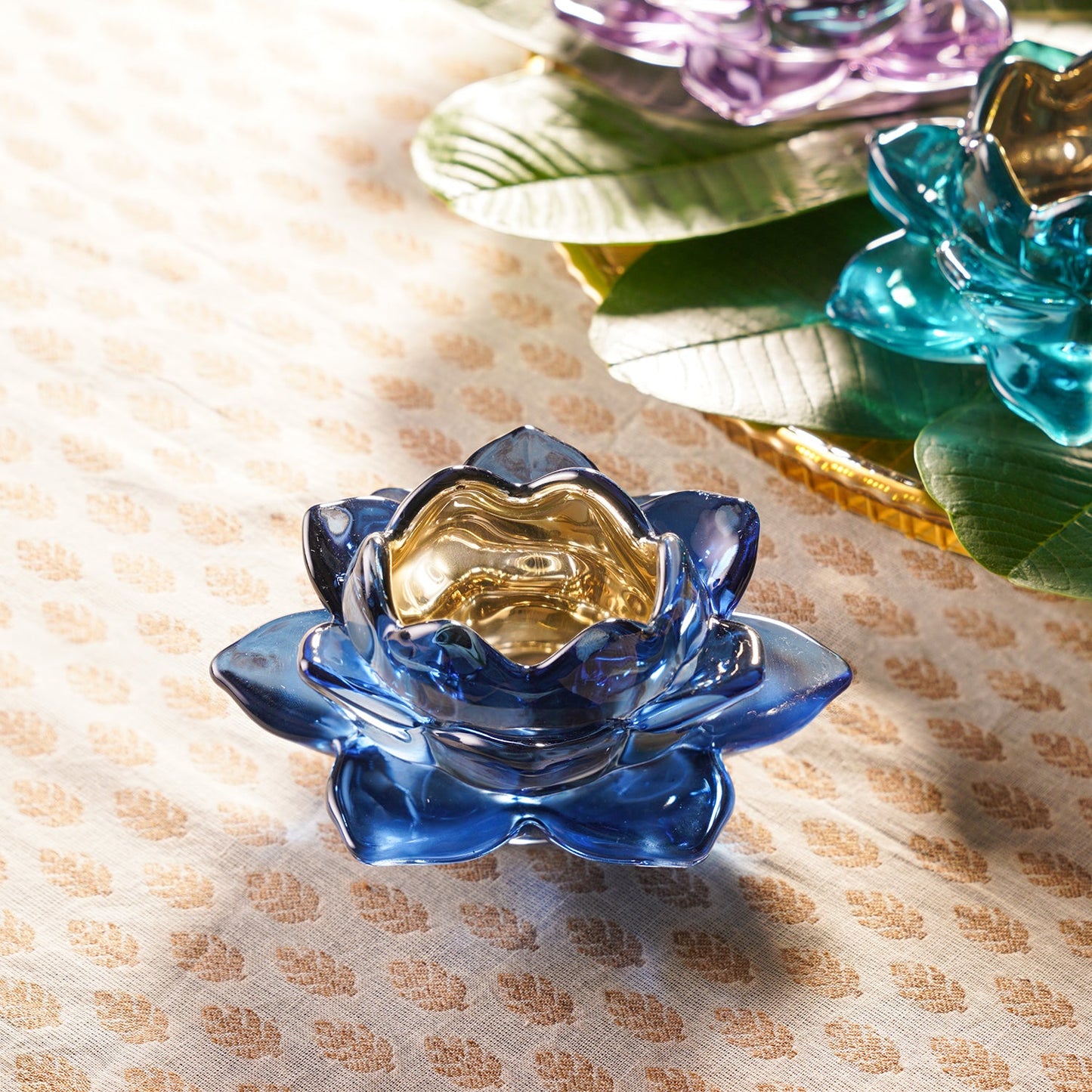 Set of 2 Navy Blue Glass Lotus Shaped Tealight Holders