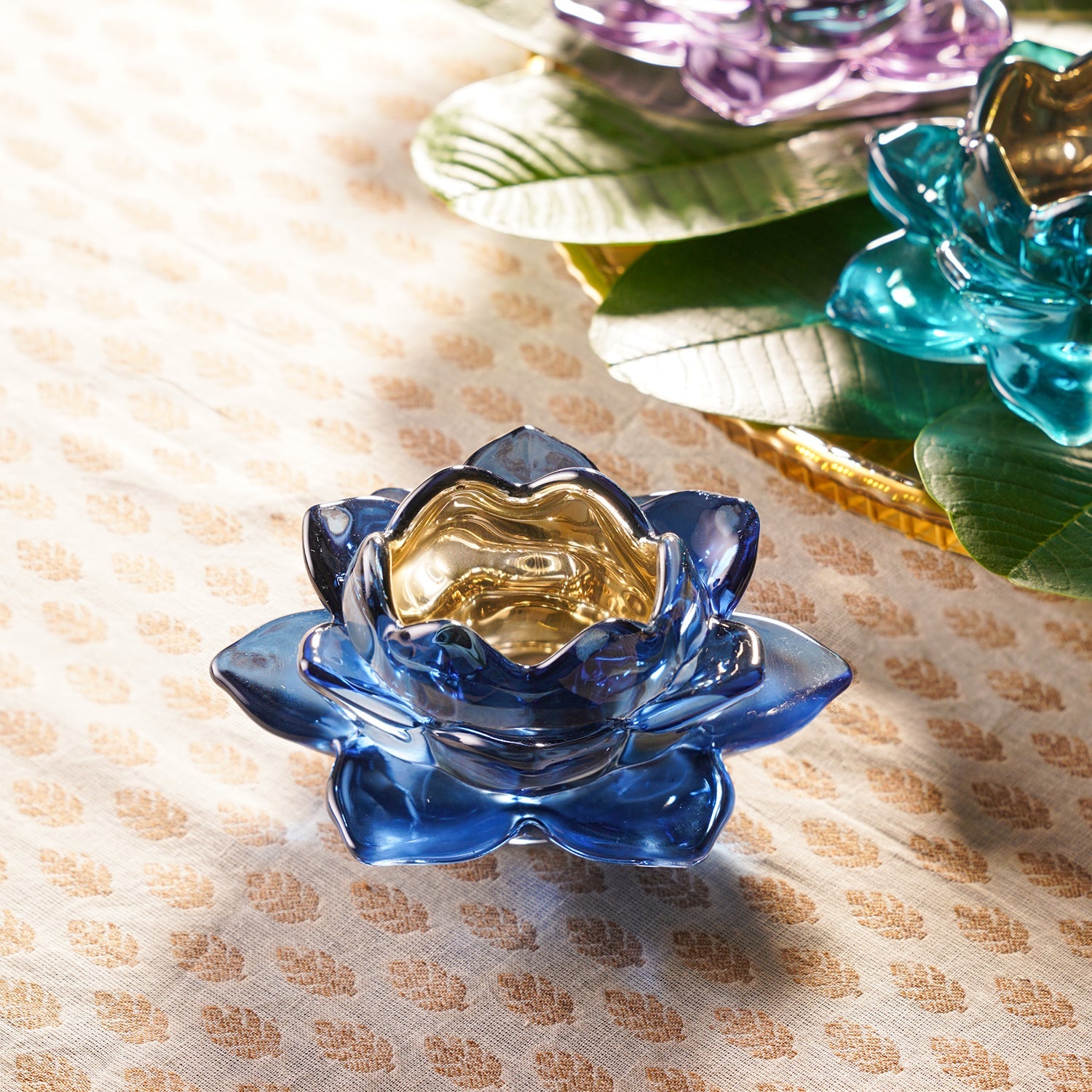 Set of 2 Navy Blue Glass Lotus Shaped Tealight Holders