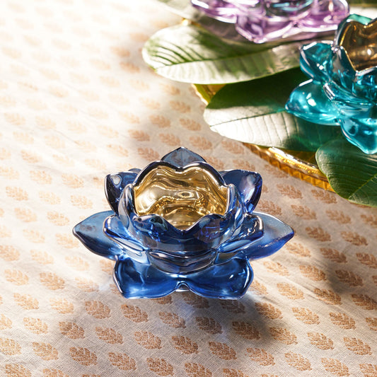Set of 2 Navy Blue Glass Lotus Shaped Tealight Holders