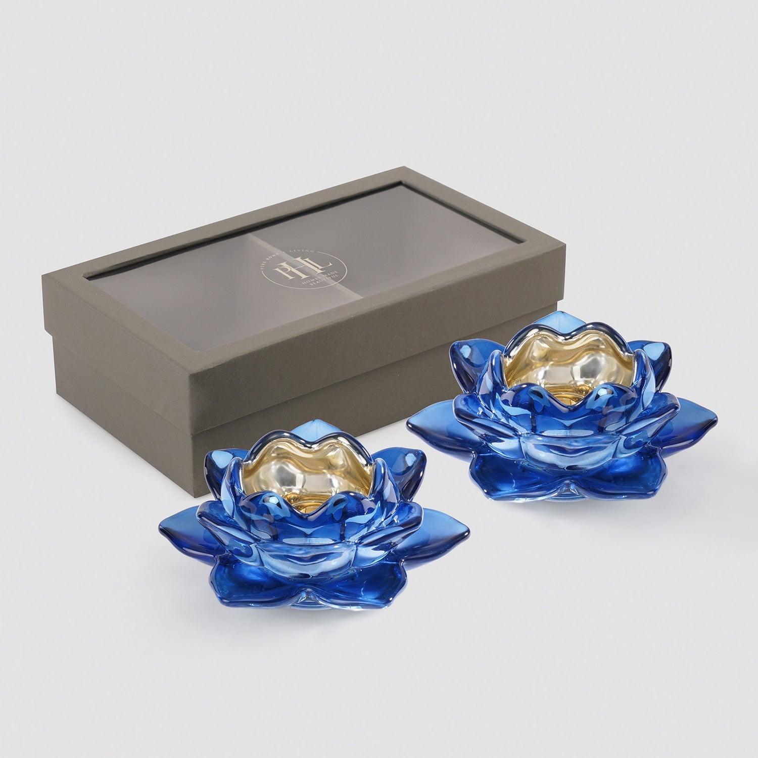 Set of 2 Navy Blue Glass Lotus Shaped Tealight Holders