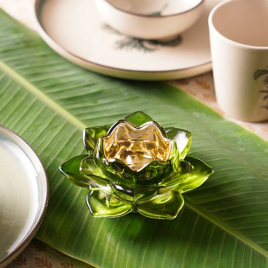 Set of 2 Green Glass Lotus Shaped Tealight Holders