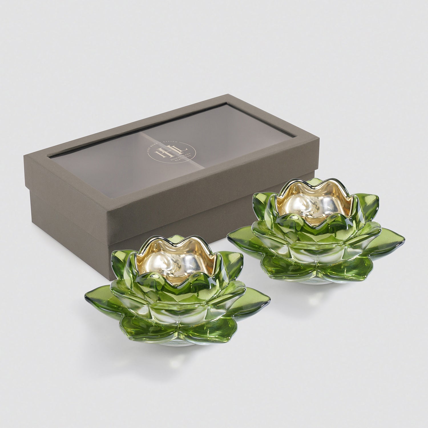 Set of 2 Green Glass Lotus Shaped Tealight Holders