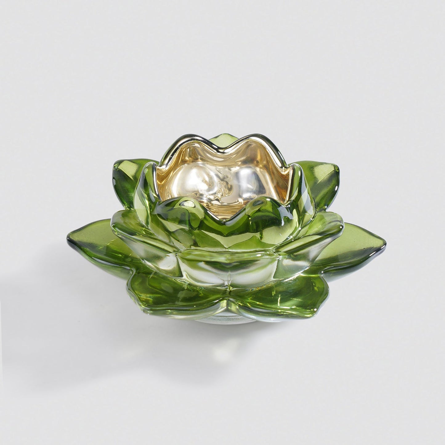 Set of 2 Green Glass Lotus Shaped Tealight Holders