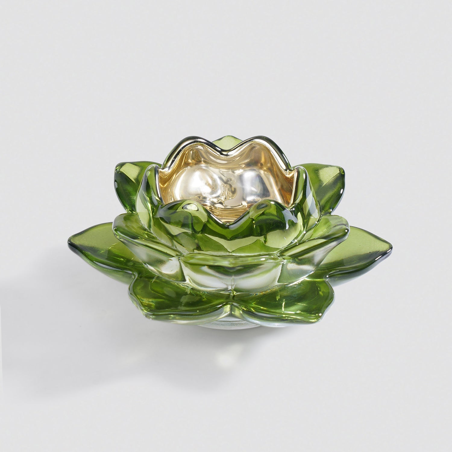 Set of 2 Green Glass Lotus Shaped Tealight Holders
