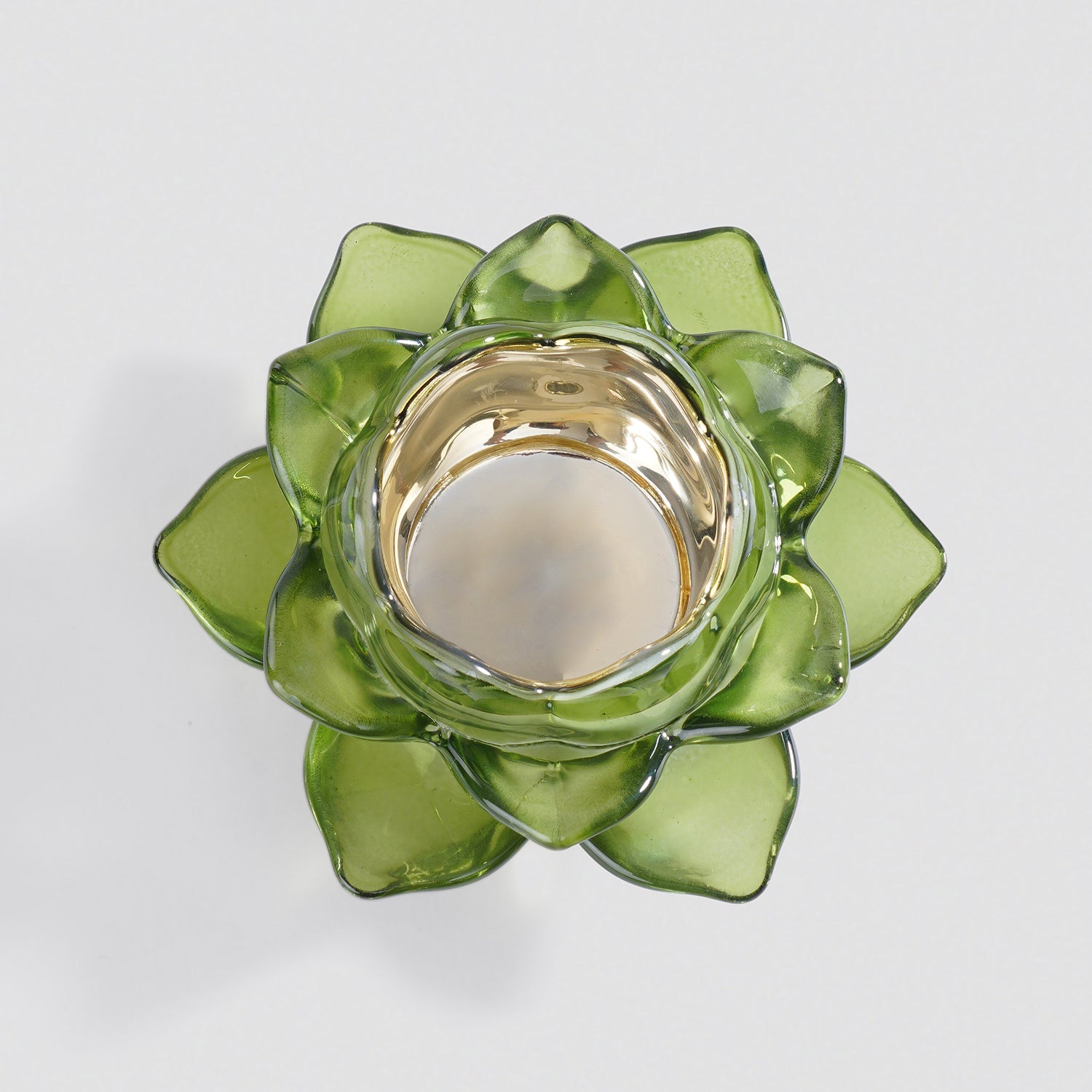 Set of 2 Green Glass Lotus Shaped Tealight Holders