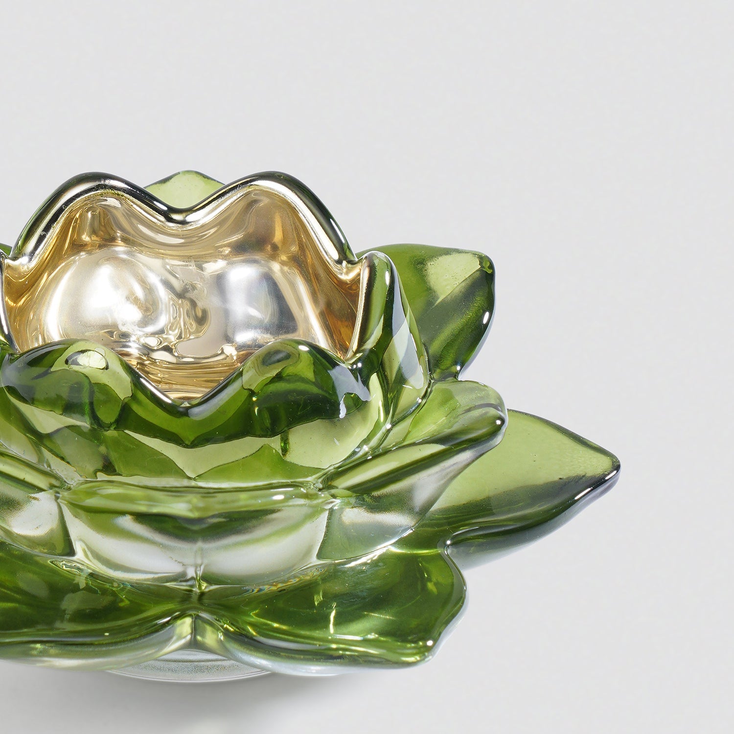 Set of 2 Green Glass Lotus Shaped Tealight Holders