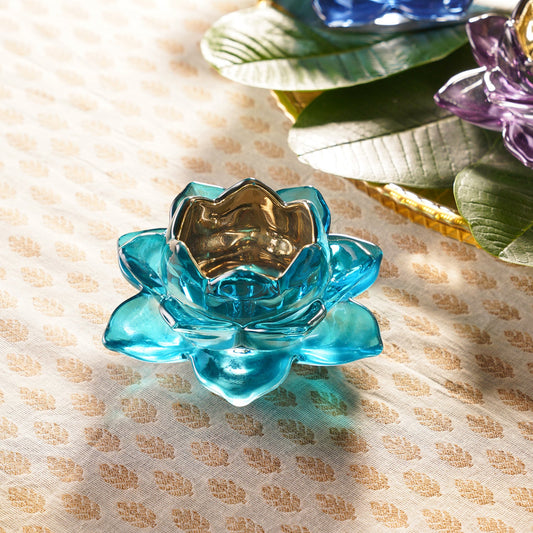 Set of 2 Blue Glass Lotus Shaped Tealight Holders