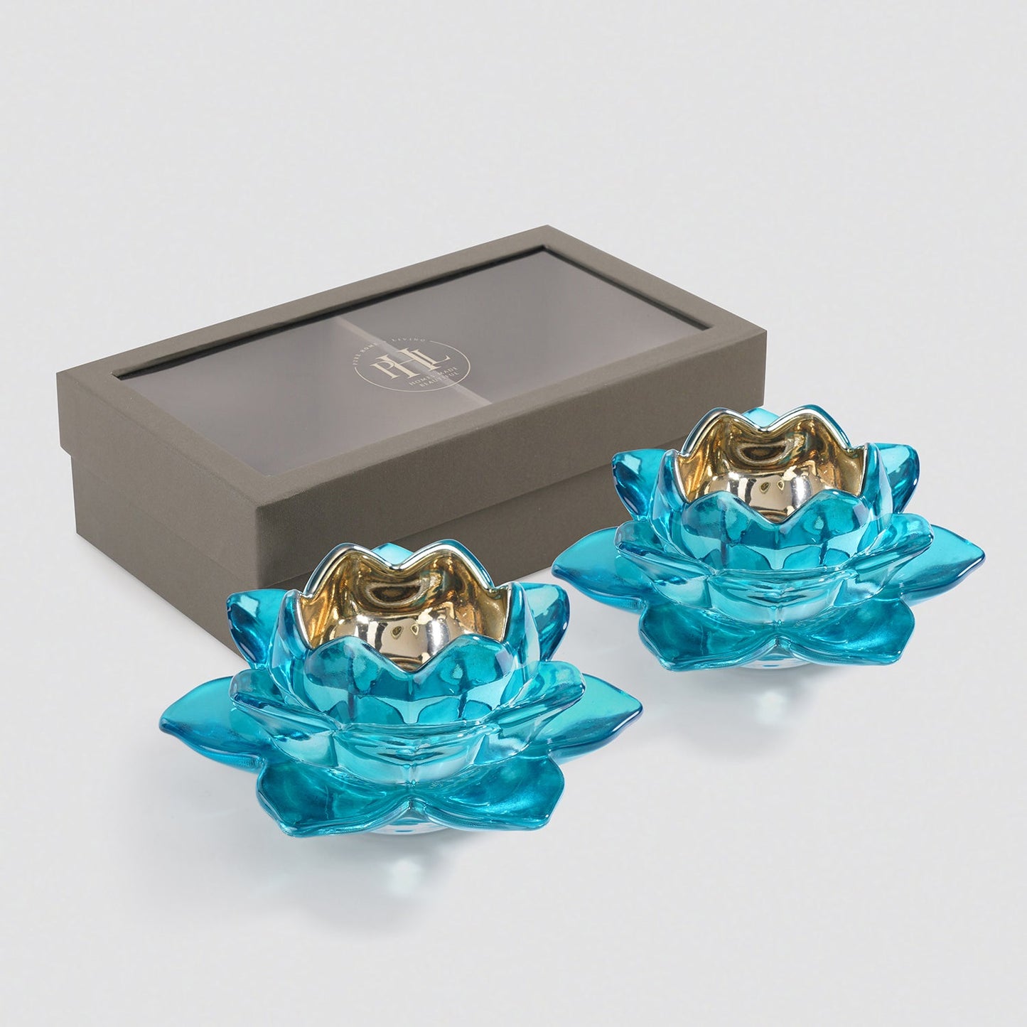 Set of 2 Blue Glass Lotus Shaped Tealight Holders