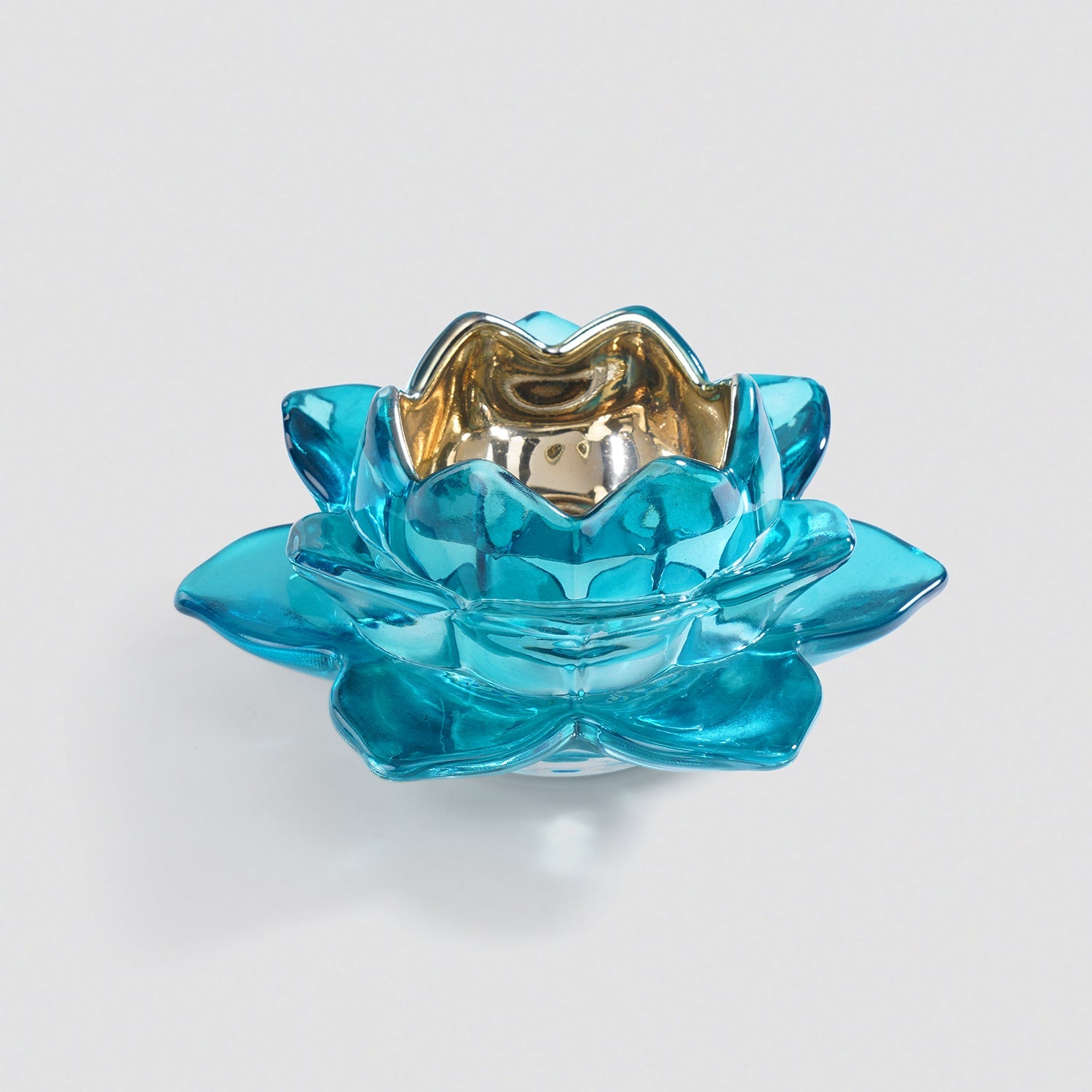 Set of 2 Blue Glass Lotus Shaped Tealight Holders