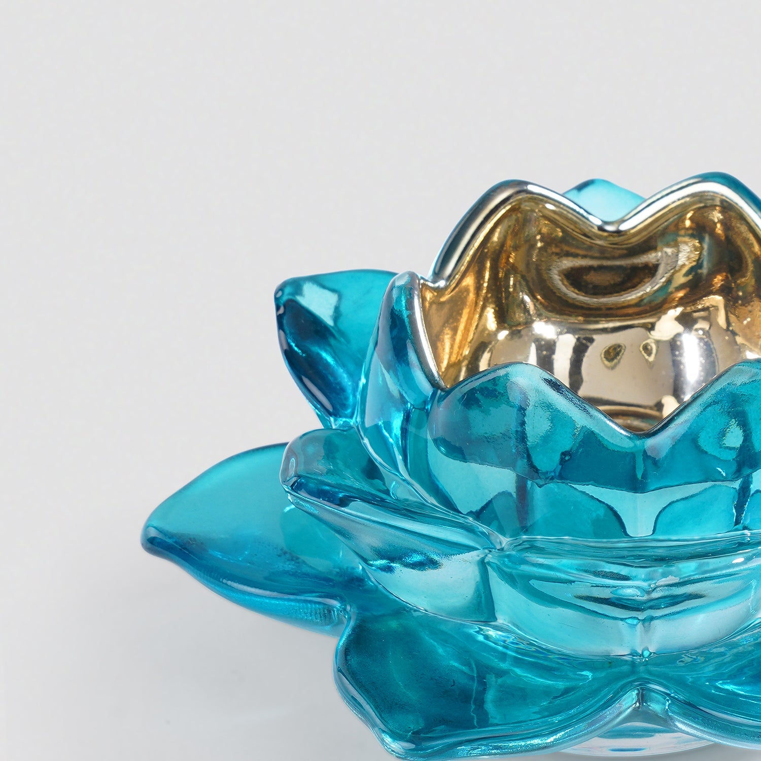 Set of 2 Blue Glass Lotus Shaped Tealight Holders