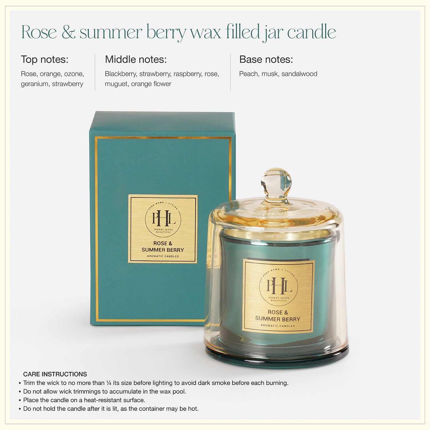 Teal Scented Wax Filled Bell Jar Candle - Rose & Summer Berry