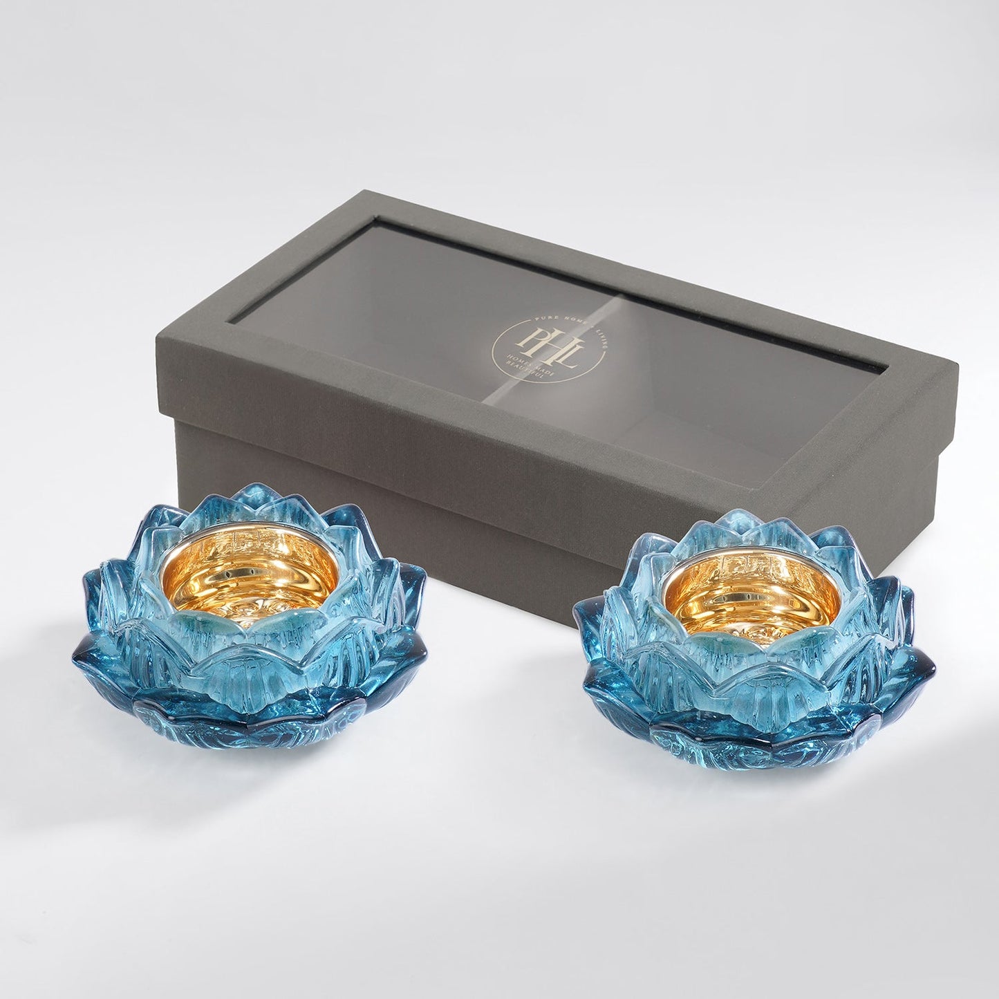 Set of 2 Blue Glass Floral Shaped Tealight Holders