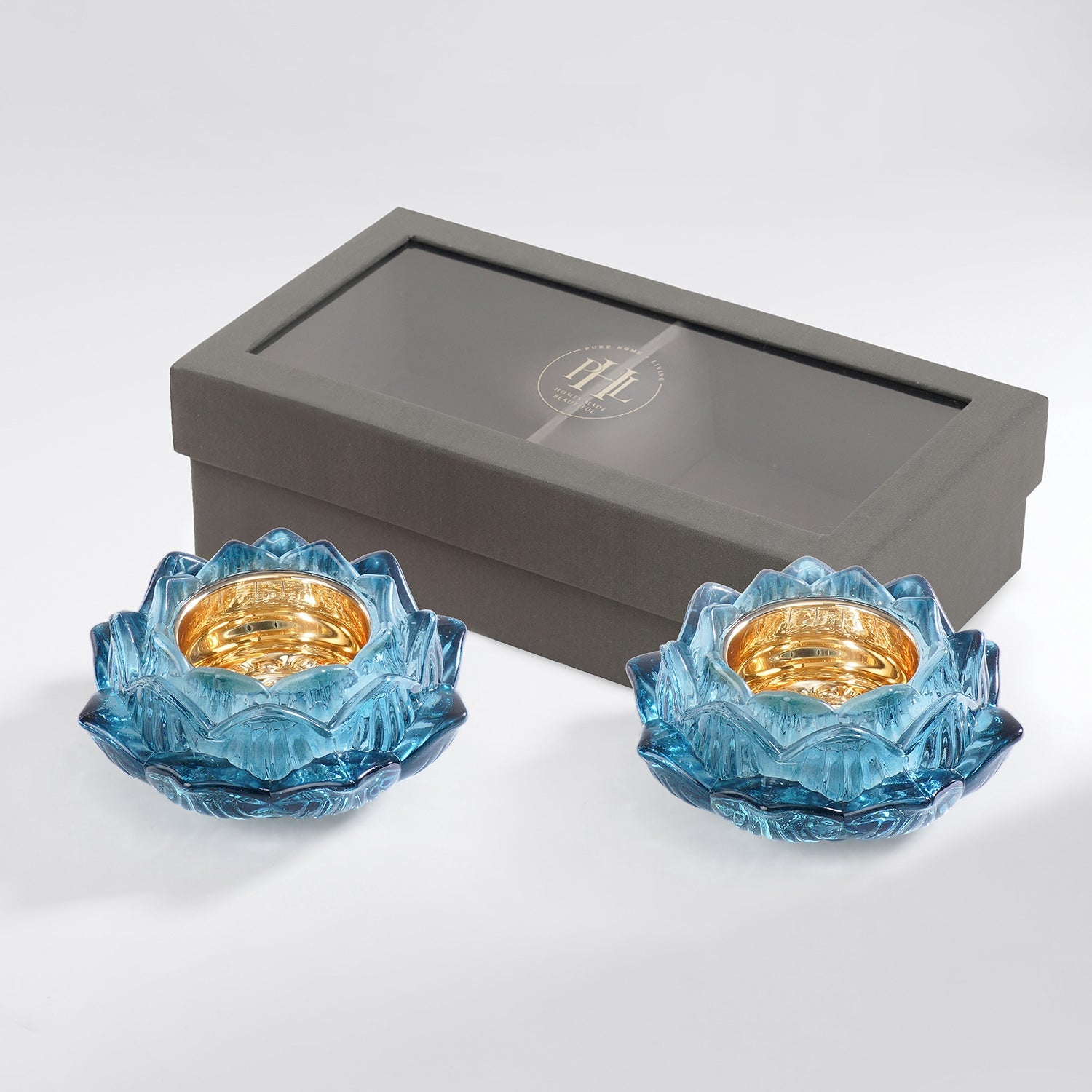 Set of 2 Blue Glass Floral Shaped Tealight Holders