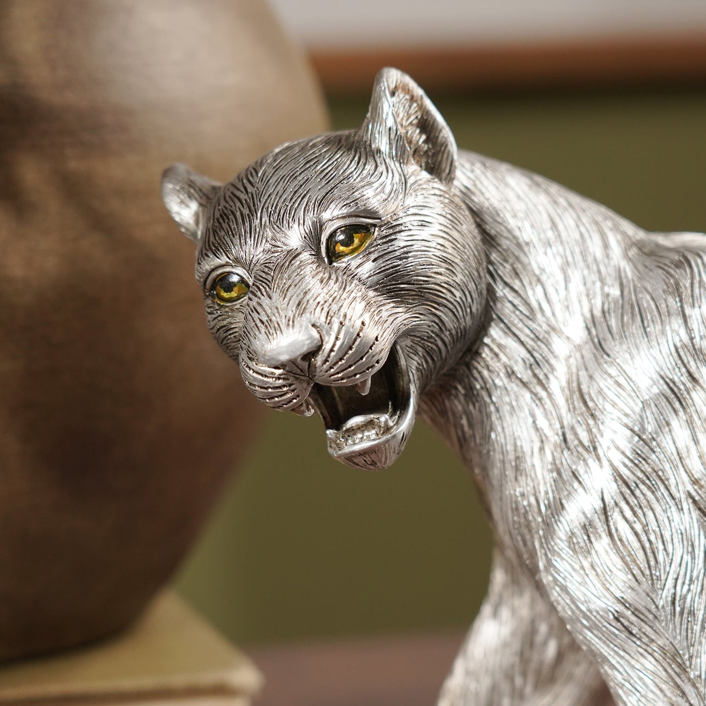 Silver Polyresin Roaring Panther