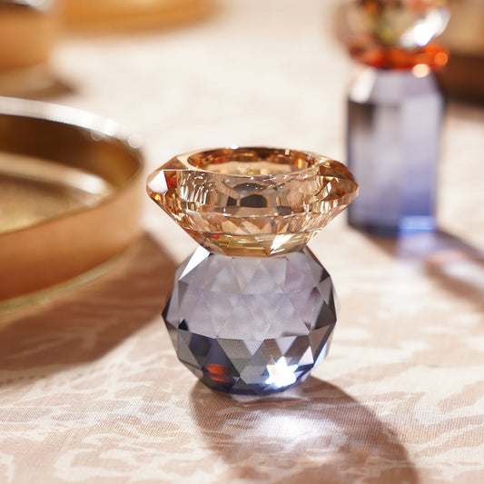 Amber & Blue Cut Glass Crystal Candle Holder