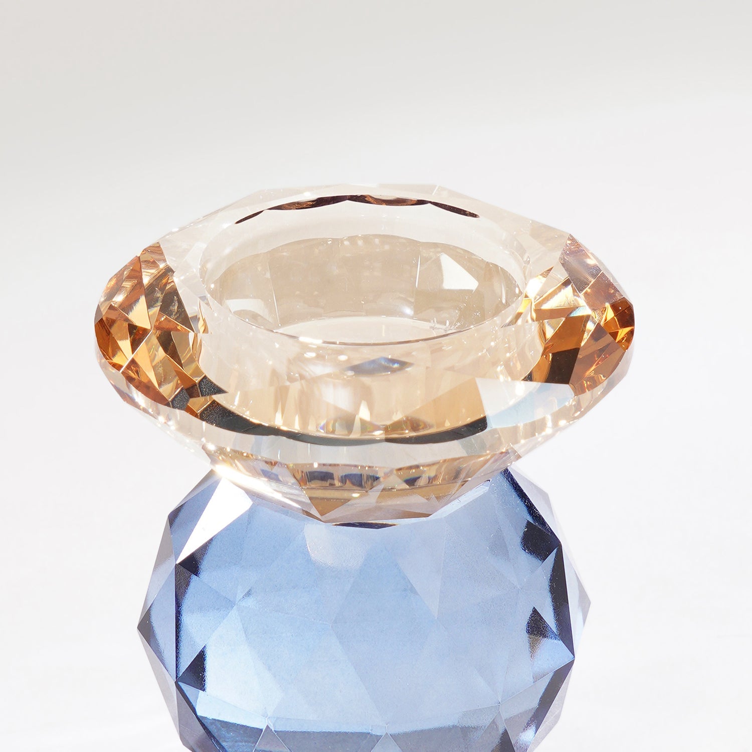 Amber & Blue Cut Glass Crystal Candle Holder