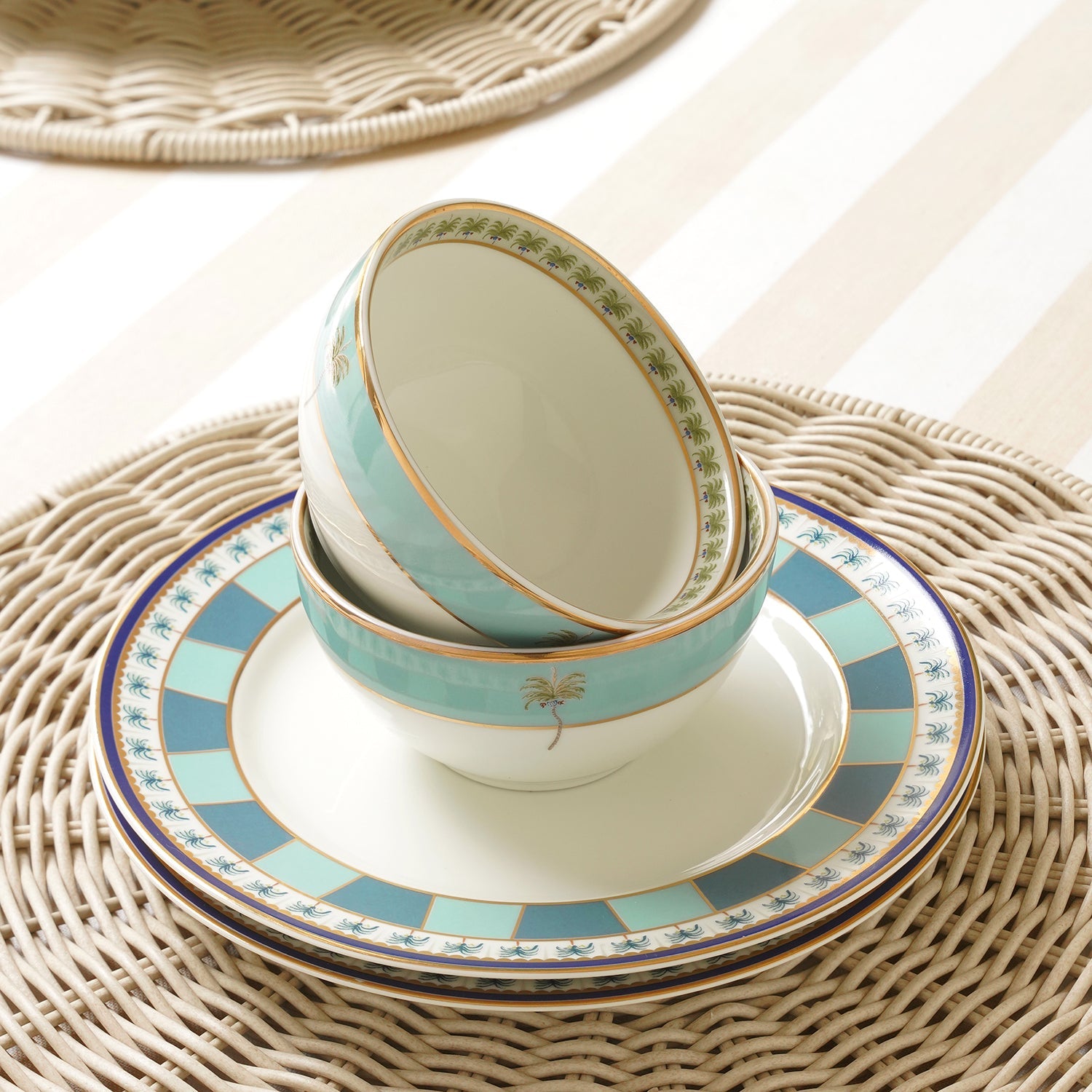 Set of 2 Blue Palmetto Print Porcelain Bowls