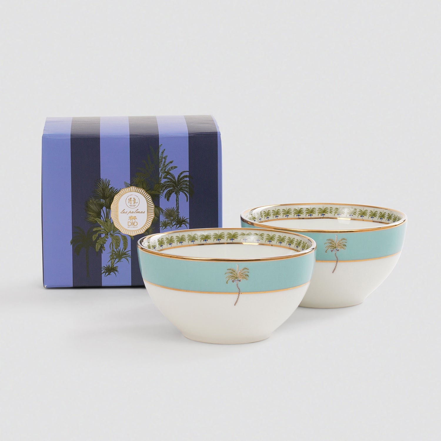 Set of 2 Blue Palmetto Print Porcelain Bowls