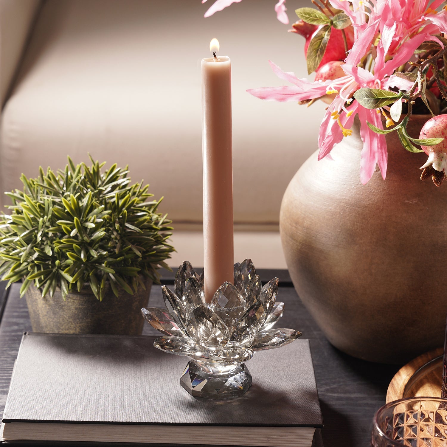 Clear Crystal Lotus Shaped Candle Holder