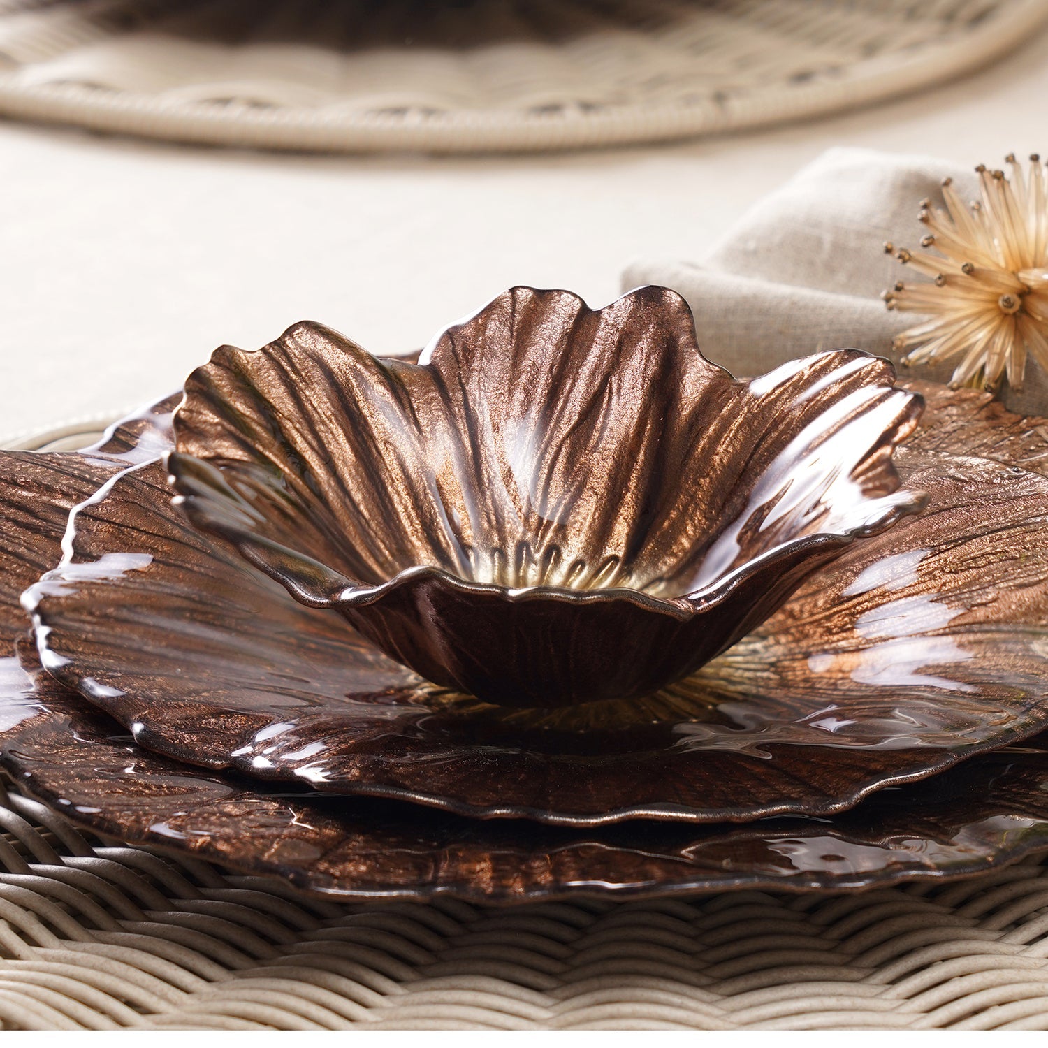 Set of 2 Bronze Gold Flower Shaped Small Bowls