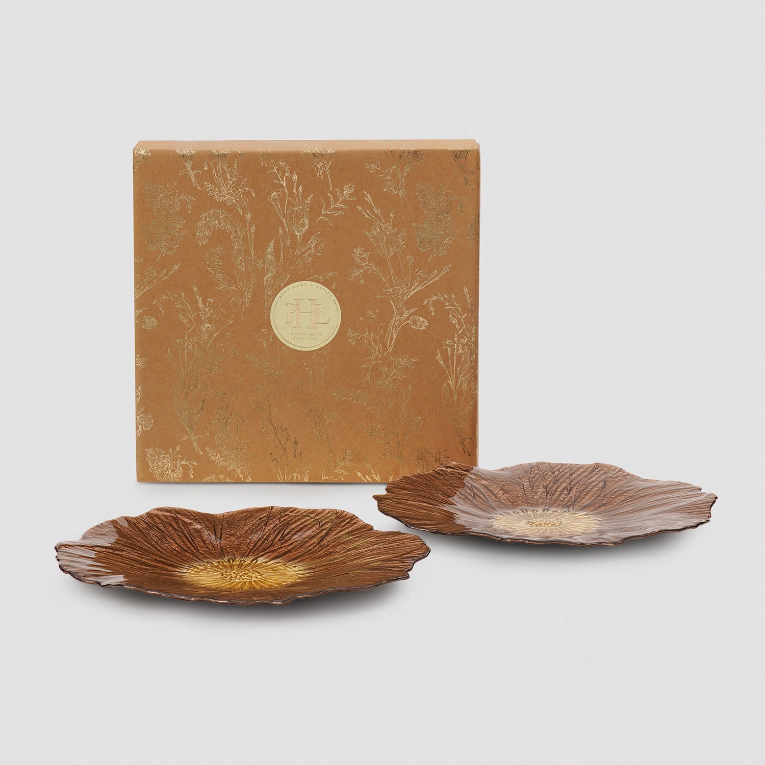 Set of 2 Bronze Gold Flower Shaped Dinner Plates