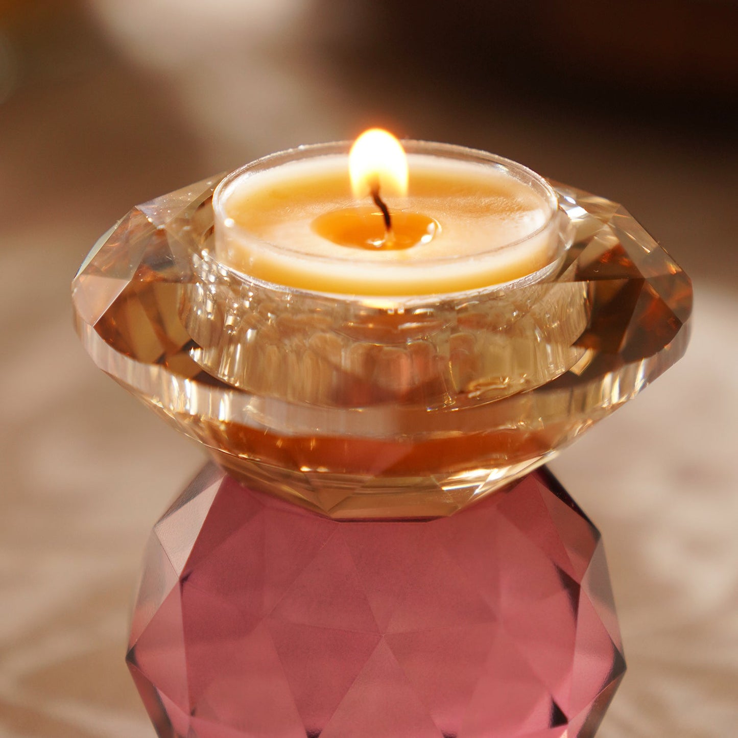 Amber & Pink Cut Glass Crystal Candle Holder