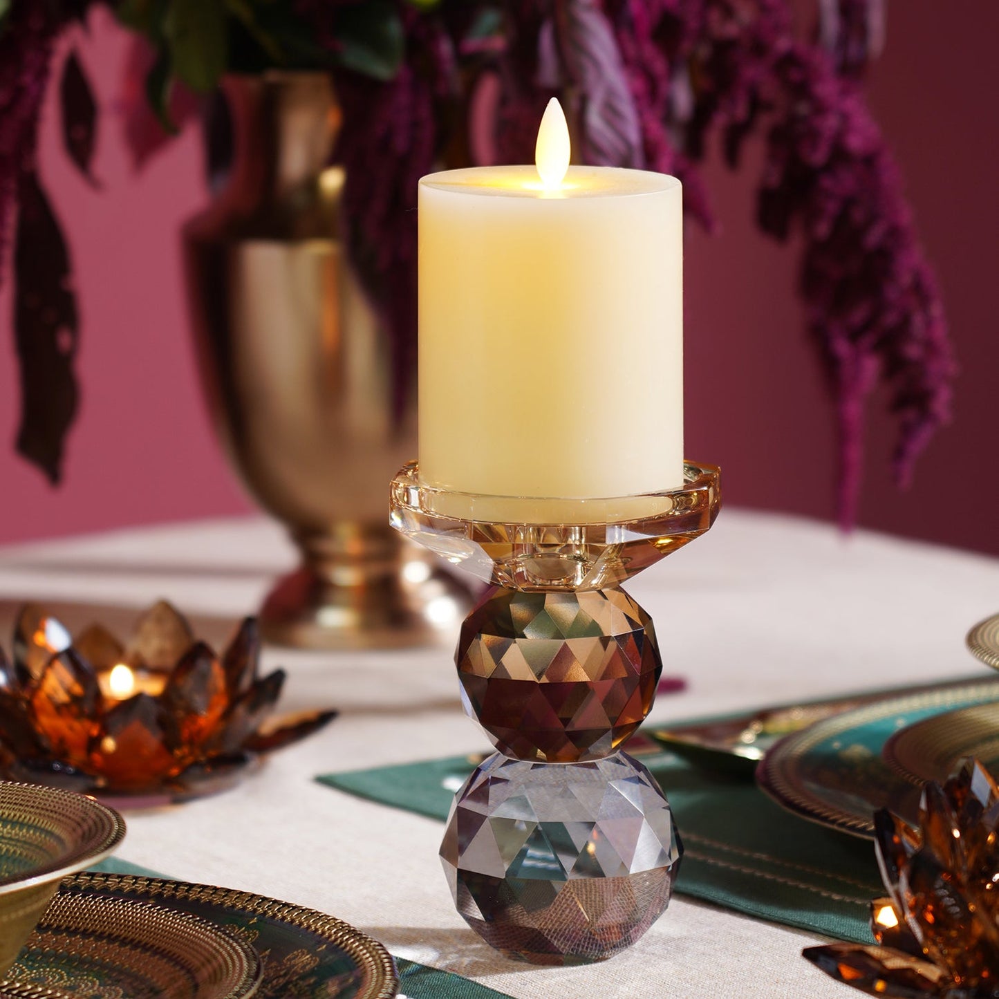 Amber Grey Cut Glass Crystal Candle Holder