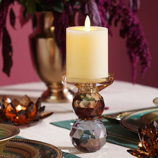 Amber Grey Cut Glass Crystal Candle Holder