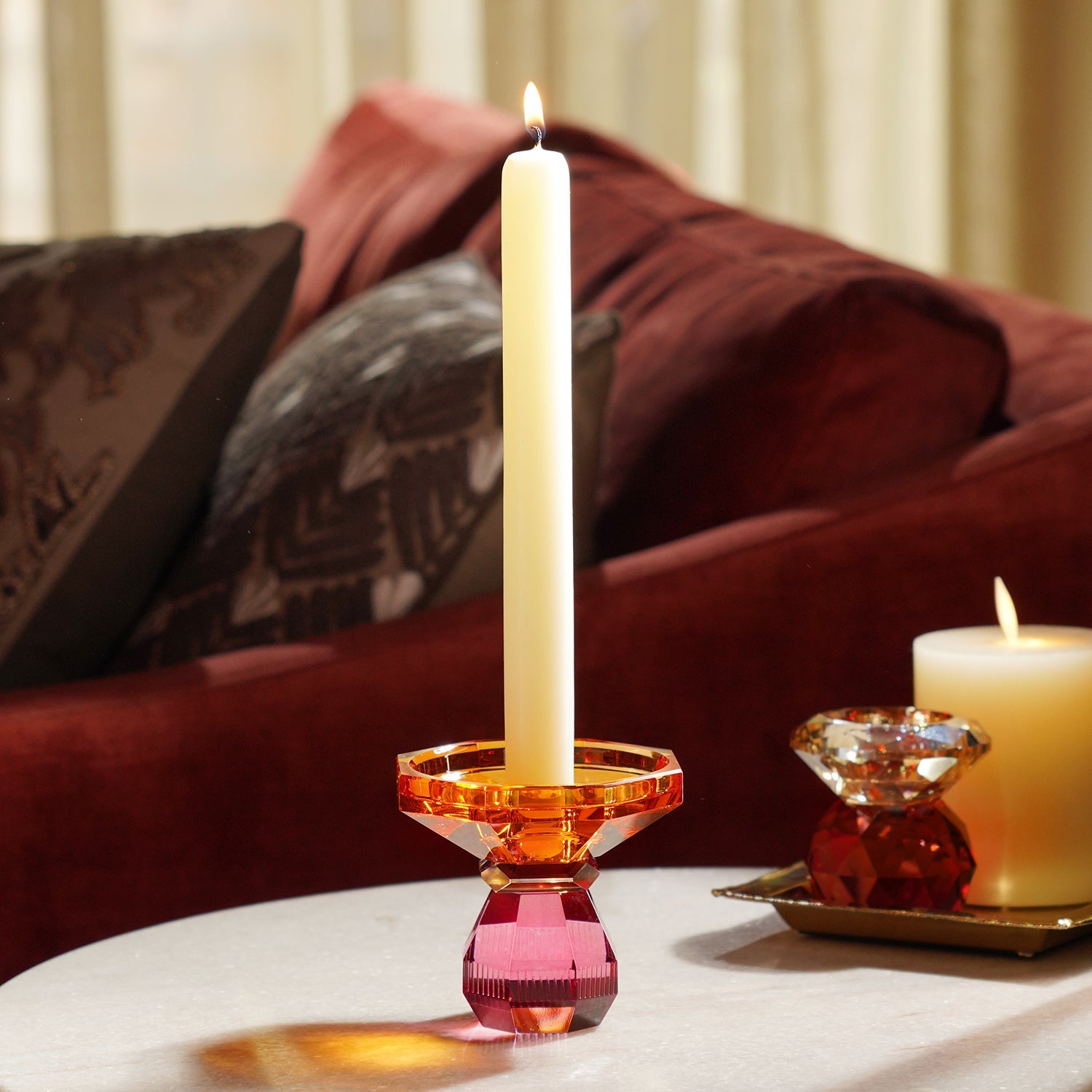 Amber & Pink Glass Crystal Candle Holder