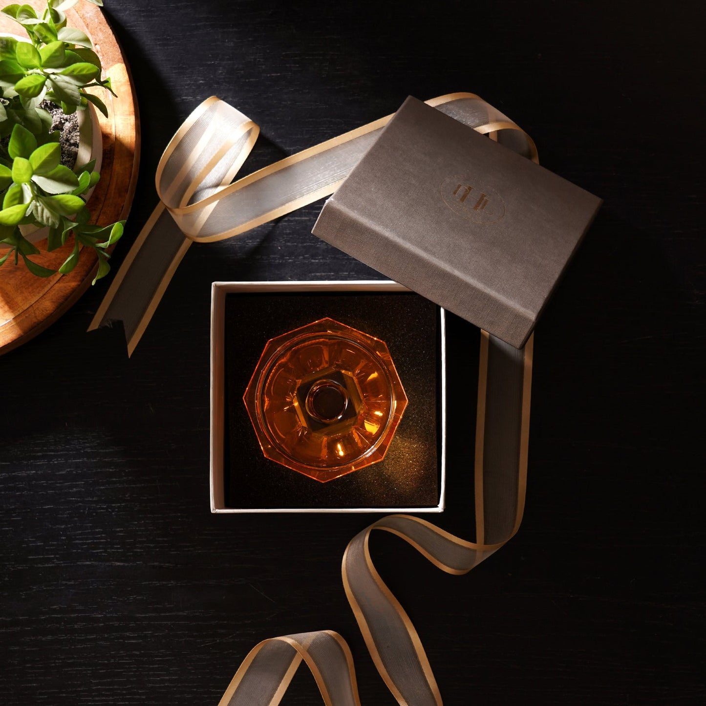 Amber & Pink Glass Crystal Candle Holder