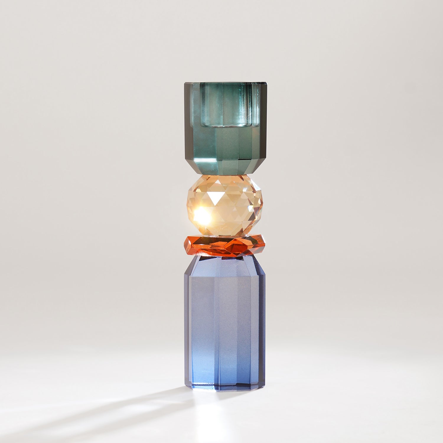 Blue Amber Crylindrical Glass Crystal Candle Holder