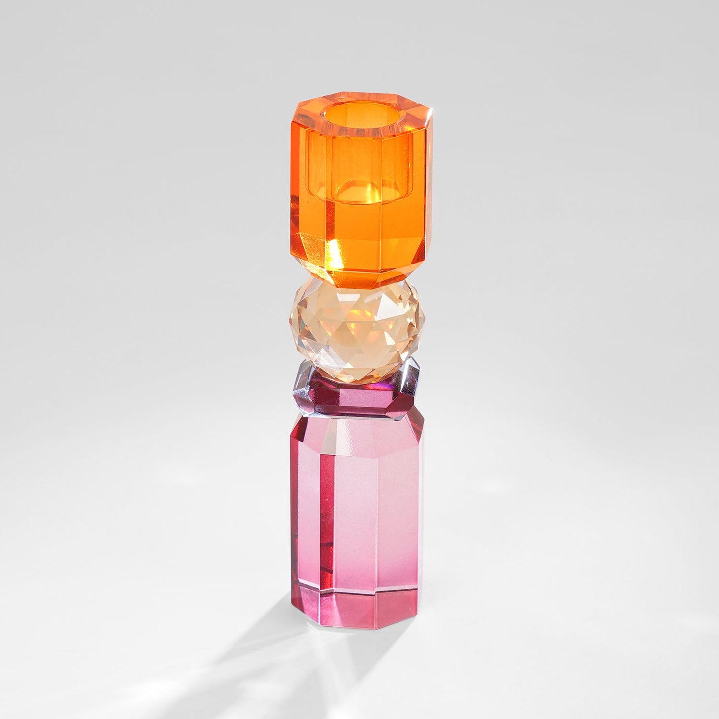 Pink Orange Amber Crylindrical Glass Crystal Candle Holder