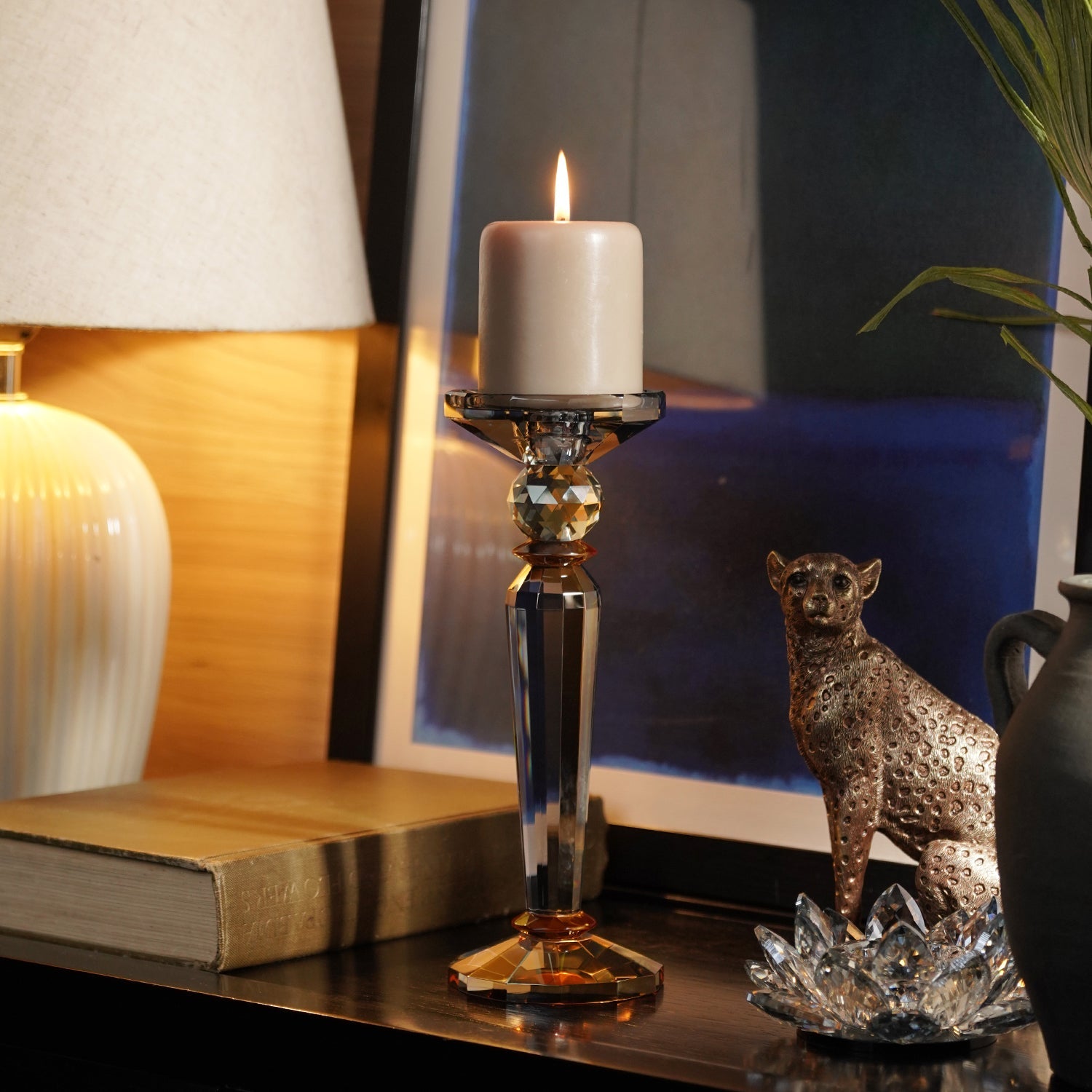 3 Tone Cut Glass Tall Candle Holder