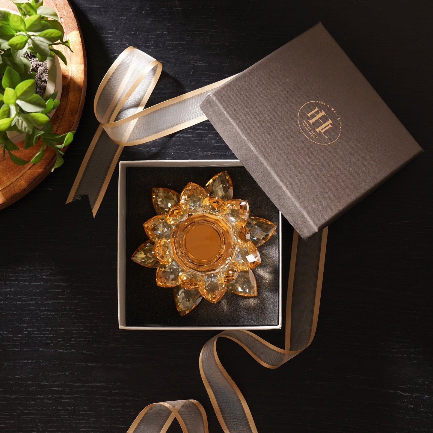 Amber Crystal Lotus Shaped Candle Holder
