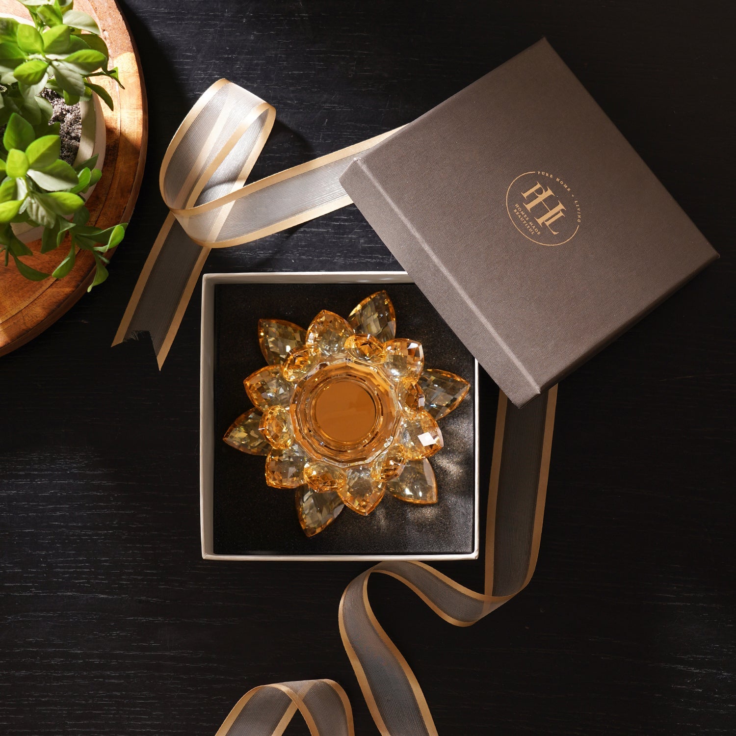 Amber Crystal Lotus Shaped Candle Holder
