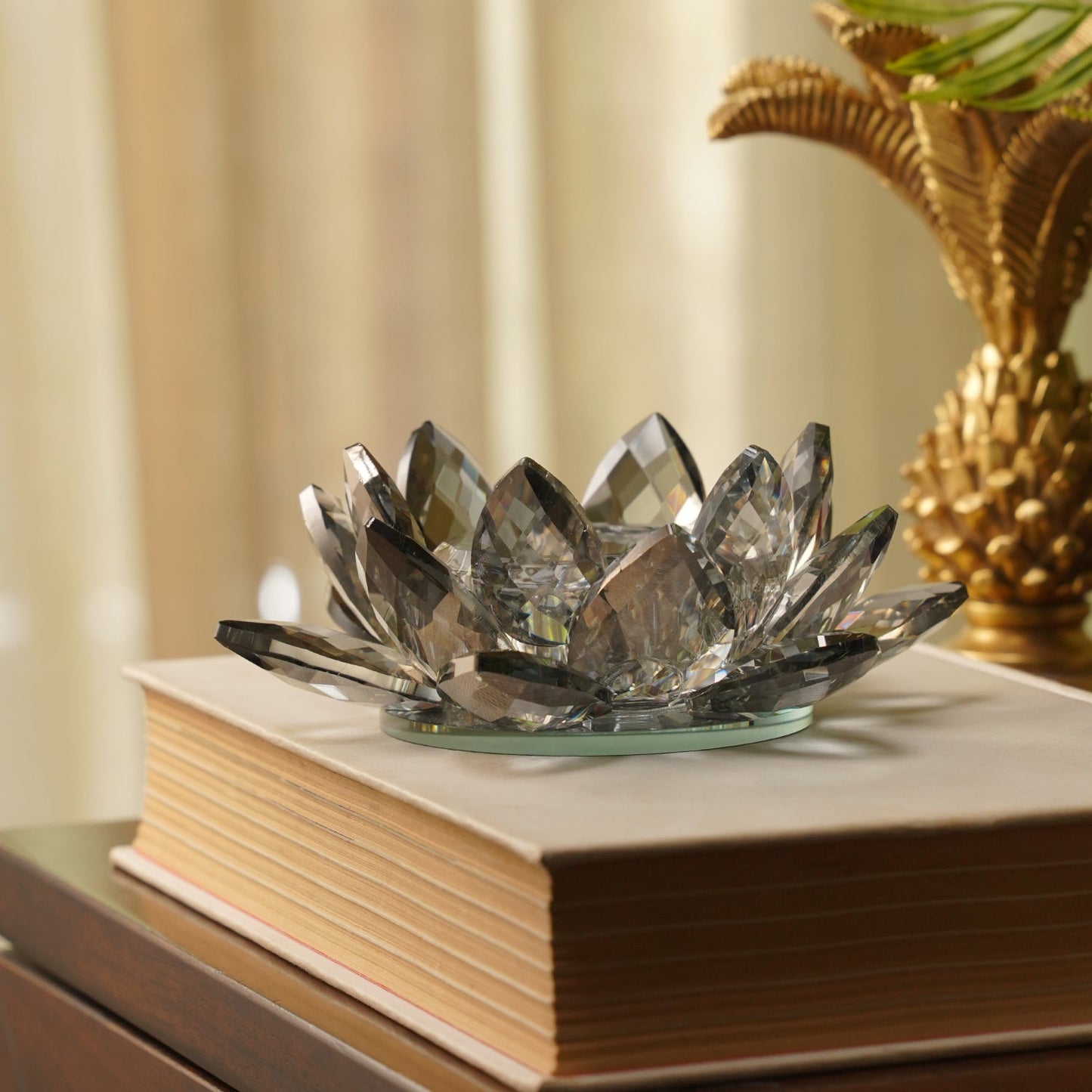 Grey Crystal Lotus Shaped Candle Holder