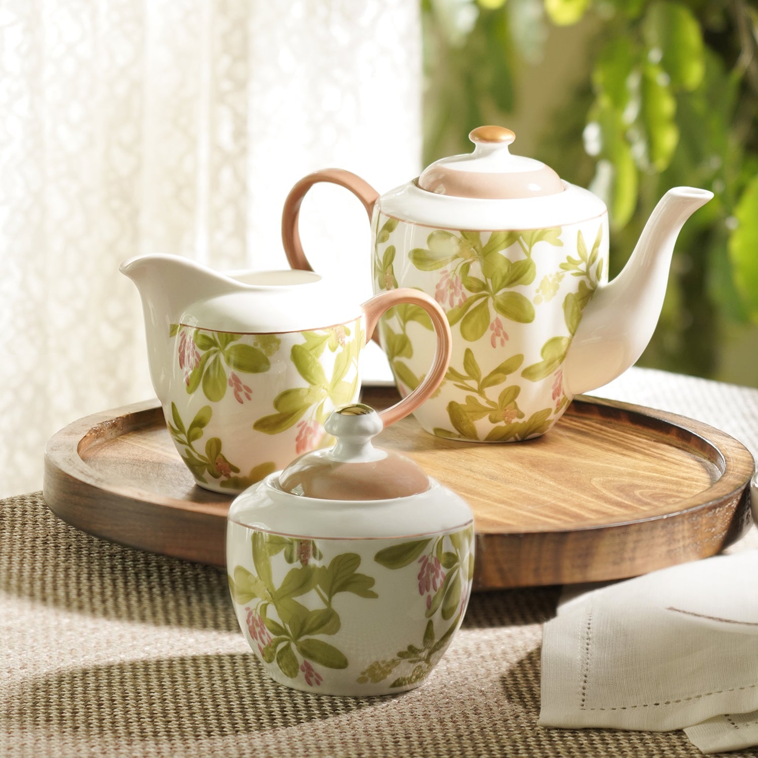 Set of 3 Pink Printed Bone China Tea Set