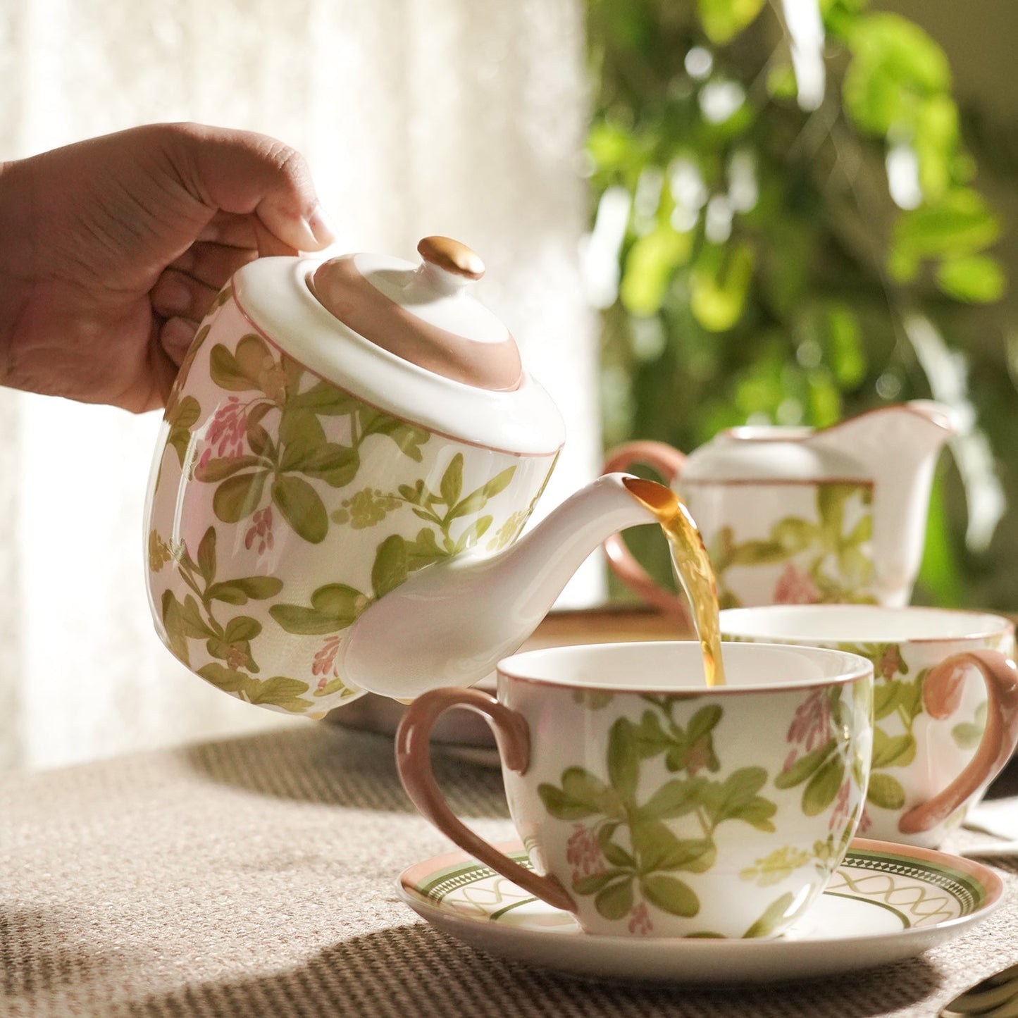 Set of 3 Pink Printed Bone China Tea Set