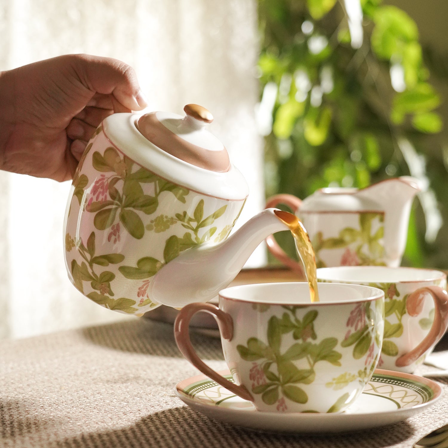 Set of 3 Pink Printed Bone China Tea Set