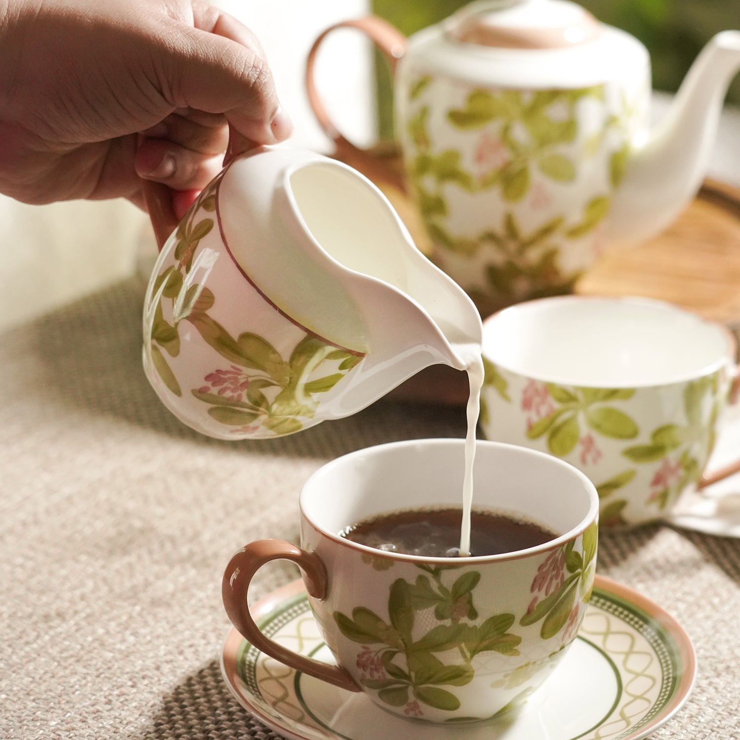 Set of 3 Pink Printed Bone China Tea Set