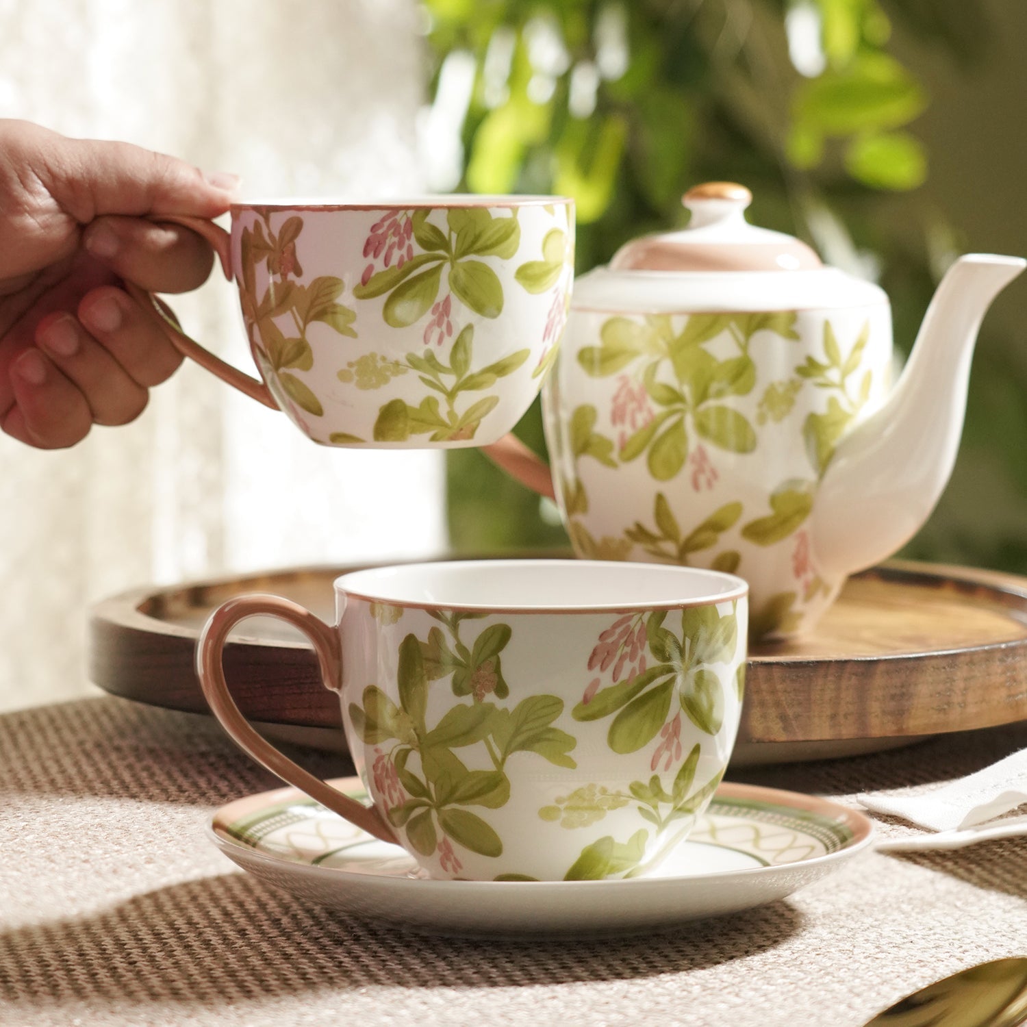 Set of 2 Pink Printed Bone China Tea Cups & Saucers